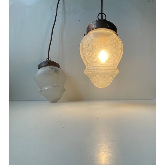 Antique Edwardian Style Etched Glass and Copper Pendant Lights, 1910s, Set of 2 For Sale - Image 9 of 9