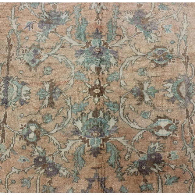 Mid 20th Century Floral Vintage Turkish Oushak Rug in Cream, Green, Light Peach and Brown 5'1 X 7'8 For Sale - Image 5 of 8