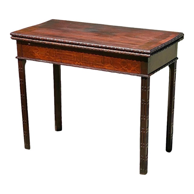 Antique Chinese Chippendale Mahogany Card Table With Foliate Carved Edge Circa 1760 For Sale