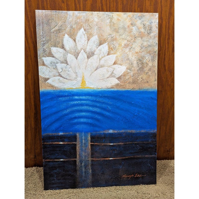 Abstract Blue Beige White and Black Lotus Flower Abstract Painting on Canvas For Sale - Image 3 of 4