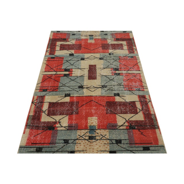 Art Deco 1960s Vintage Zeki Müren Rug in Red Beige Blue & Black Patterns For Sale - Image 3 of 7