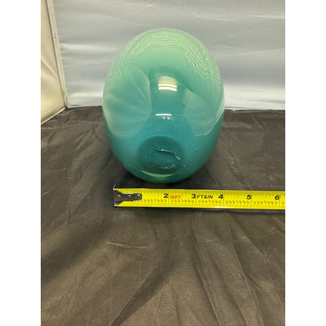 Vintage Mid Century Style Art Glass 10” Vase Emerald Seafoam Ombre Etched Swirls For Sale In New York - Image 6 of 9