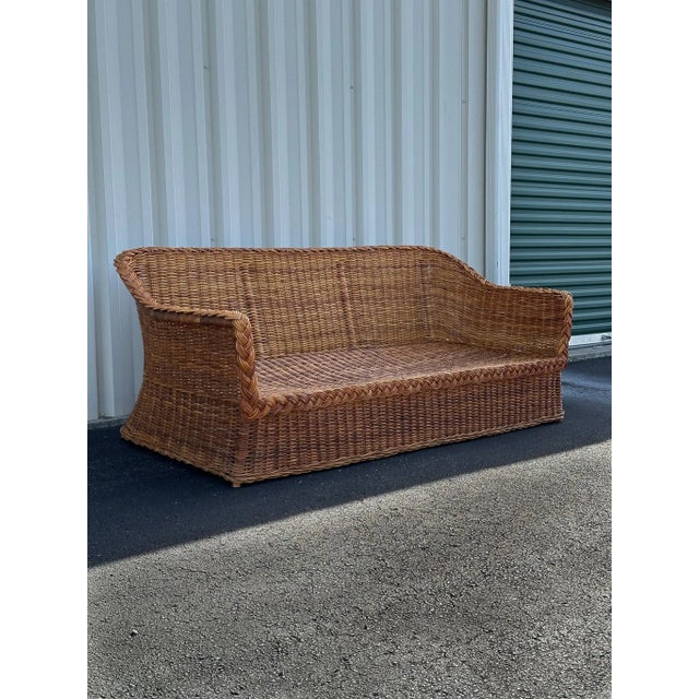 Late 20th Century Coastal Vintage Rattan Sofa With Braided Wicker Trim For Sale - Image 5 of 18