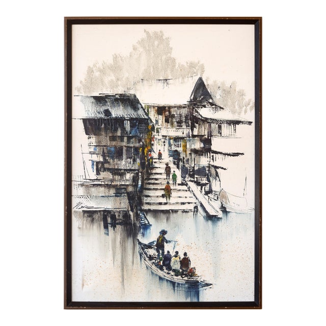 Mid Century Asian Seaside Village Watercolor Painting For Sale