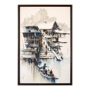 Mid Century Asian Seaside Village Watercolor Painting