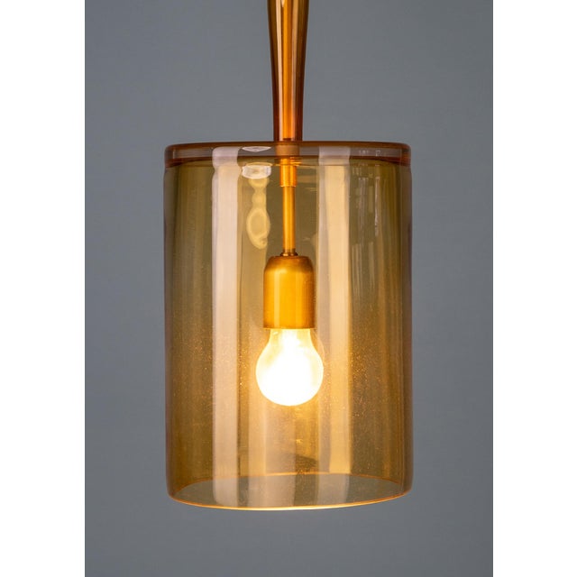 Contemporary Fine Polished Oxidized Brass and Cognac Artisan Glass Cylindrical Single-Light Pendant by ZAVADSKI, 2023 For Sale - Image 3 of 4