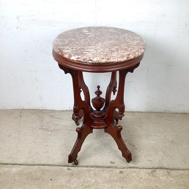 Victorian Revival Marble Top Center Table With Carved Walnut Pedestal Base For Sale - Image 9 of 18
