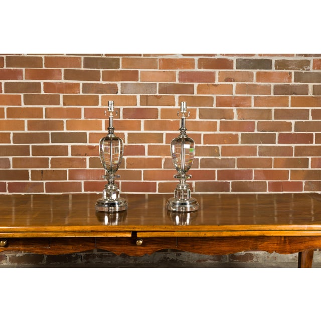 Glass Mid 20th Century French Crystal Single-Light Table Lamps on Lucite Bases - Pair For Sale - Image 7 of 12