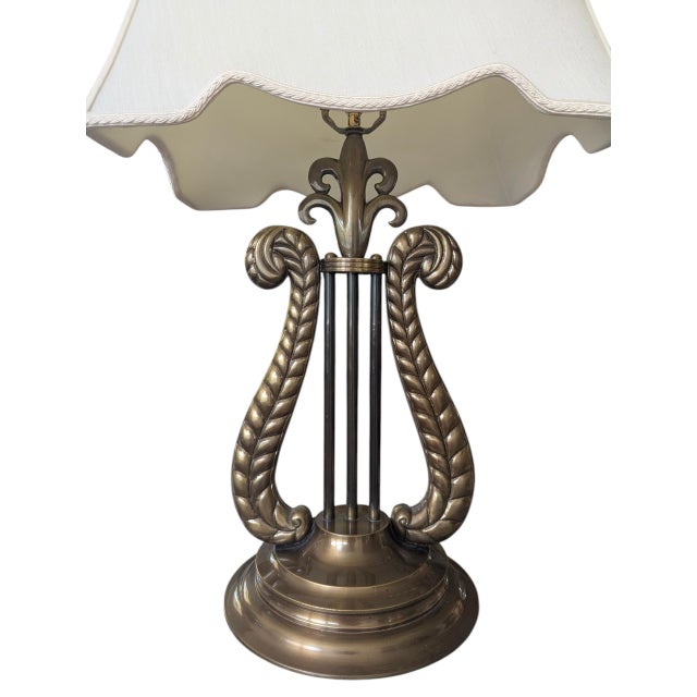 1970s Vintage Chelsea House Neoclassical Lyre Table Lamp With Lamp Shade For Sale - Image 5 of 18
