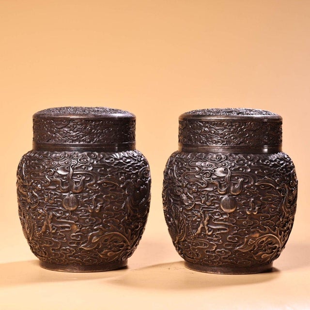 Pair of Antique Silver-Plated Tea Caddies With Dragon and Phoenix, 1060g Total For Sale - Image 4 of 9