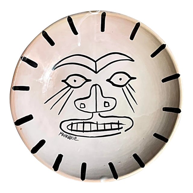 Vintage Boho Hand Painted Signed Glazed Ceramic Plate For Sale