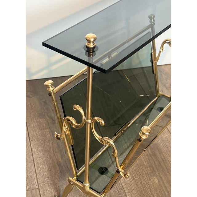Brass 1940s Brass magazine rack with blue glass For Sale - Image 8 of 12