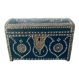Antique French Leather Wrappedd Studded Dome Top Lined Box For Sale