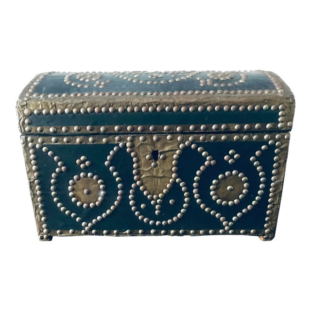 Antique French Leather Wrappedd Studded Dome Top Lined Box For Sale