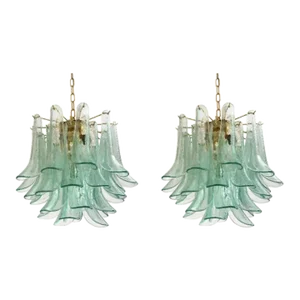 Lot of 2 Contemporary Green Murano Style Glass "Sella" Chandelier With Gold 24k Metal Frame in Mazzega Style