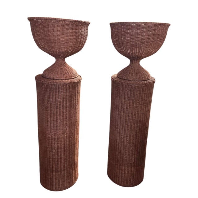 Wood Pair of Vintage Woven Wicker Column Pedestals & Hourglass Urn Planters For Sale - Image 7 of 12
