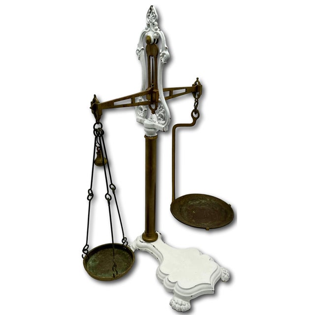 Very Large Size Antique Brass & Enameled Cast Iron Manchester England Wholesale Poultry Sellers Scale - 34 Inches Tall For Sale - Image 4 of 18