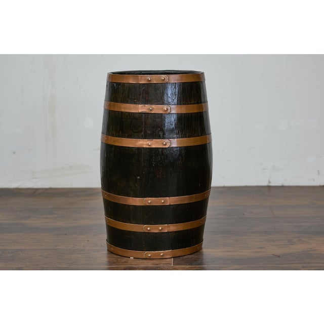 English Wooden Barrel, Copper Braces, Royal Coat of Arms Transfer, Circa 1900 For Sale - Image 10 of 12