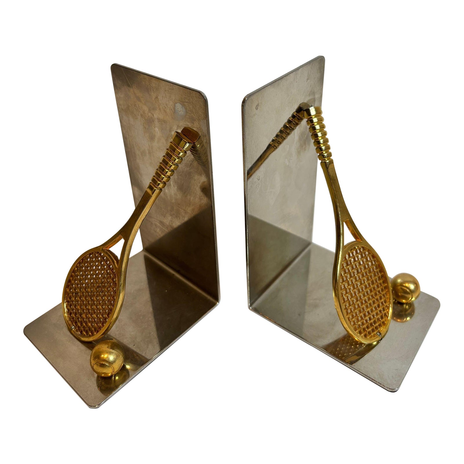 Pair of Vintage Brass and Chrome Tennis Racket and Ball Bookends C ...