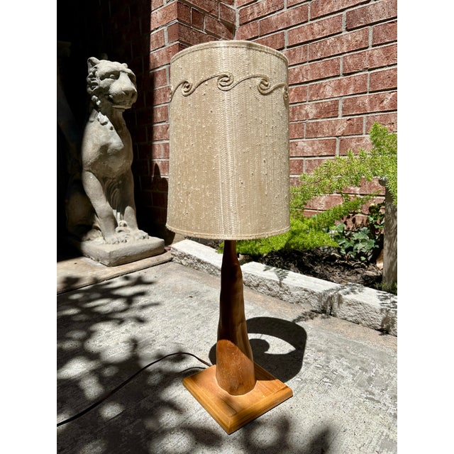 Mid-Century Modern Vintage Mid-Century Teak Sculptural Table Lamp With Textured Cylinder Shade For Sale - Image 3 of 8