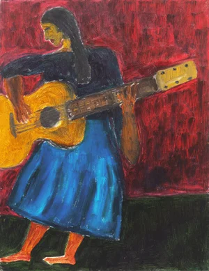 'Woman Playing Guitar' by Jonathan Taylor, California Post Impressionist Oil, Moss Landing