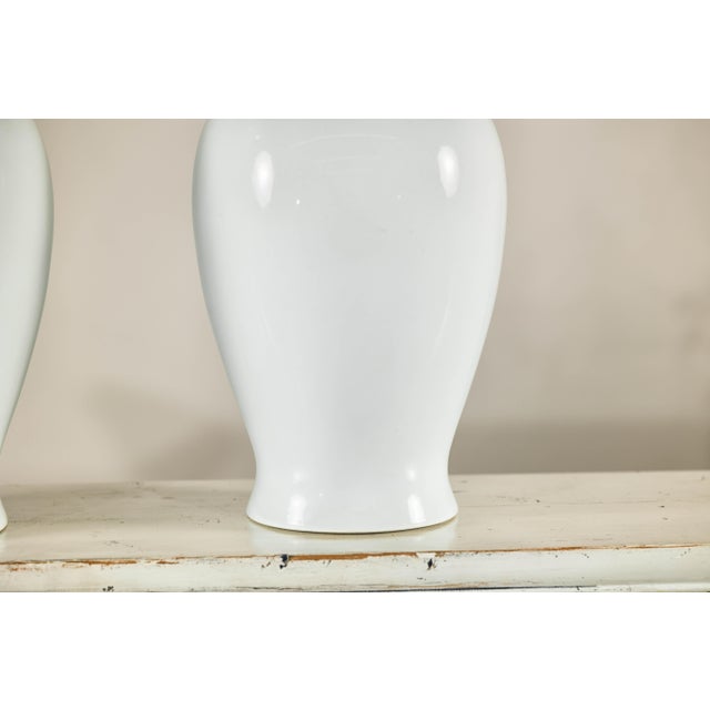 Pair of Classic White Porcelain Vases with Timeless Elegance For Sale - Image 4 of 12