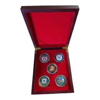 Set of 5 Military Challenge Coins & Case: Army, Navy, Air Force, Marines, Coast Guard For Sale