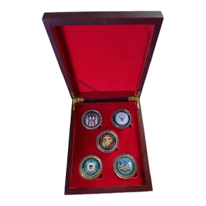 Set of 5 Military Challenge Coins & Case: Army, Navy, Air Force, Marines, Coast Guard