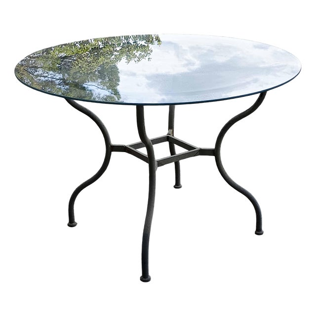 Iron Outdoor Table with Round Glass Top, 1990s For Sale