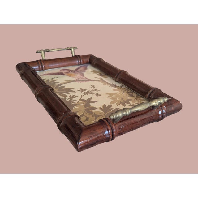 Vintage Faux Bamboo Glass Tray With Schumacher Fabric Insert For Sale - Image 9 of 14
