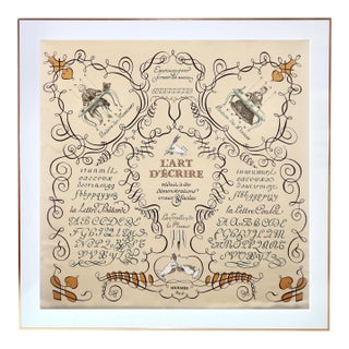 Framed Hermès Silk Scarf "L'Art D'Écrire" 2005 - Orange Gold Frame For Sale