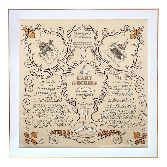 Framed Hermès Silk Scarf "L'Art D'Écrire" 2005 - Orange Gold Frame For Sale