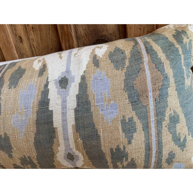 Raw Silk Ikat Long Lumbar Decorative Pillow in Green, Tan For Sale In Seattle - Image 6 of 7