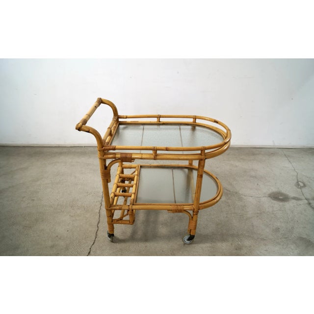 Mid-Century Modern 1960’s Mid-Century Modern Rattan & Glass Bar Cart For Sale - Image 3 of 12