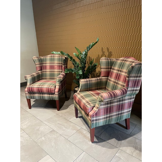 Custom Calico Corners Tartan Plaid & Wood Wingback Chairs, English Country - A Pair For Sale - Image 12 of 12