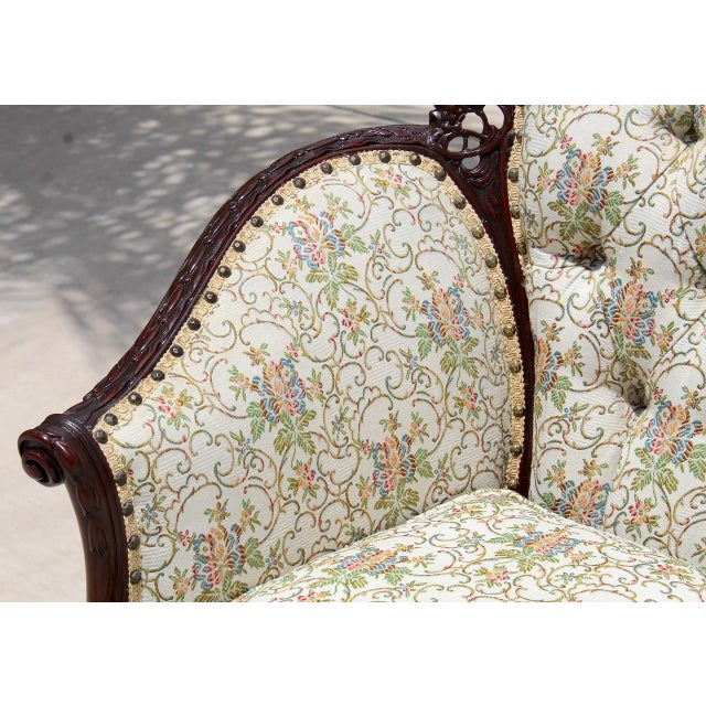 Antique French Louis XV Style Bergère Armchair – Hand-Carved Mahogany, Tufted Floral Upholstery, C. Late 19th Century For Sale - Image 11 of 18