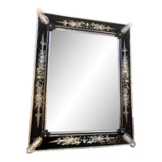 21st Century Venetian Black Floreal Hand-Carving Wall Mirror in Murano Glass For Sale