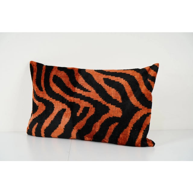 Mid-Century Modern Silk Ikat Velvet Pillow Cover | Tiger Print Vermilion and Black Lumbar Pillow For Sale - Image 3 of 5