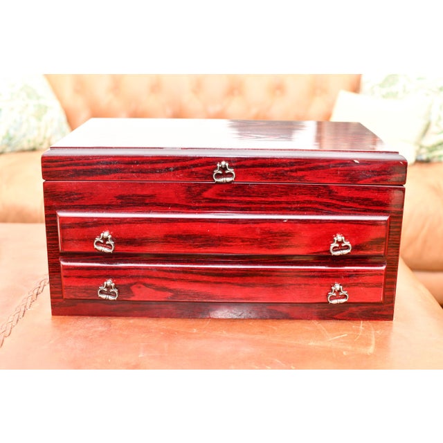 VTG Burled Mahogany Laquered Wood 3-Compartment Velvet Lined Jewelry Box For Sale - Image 12 of 13