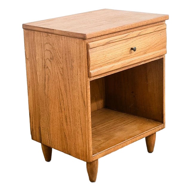 1960s Mid Century Modern Nightstand End Side Table Solid Oak Drawer Vintage Single MCM For Sale