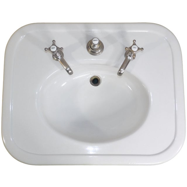 American Antique 1908 Thomas Maddock's Son's Co. Vitreous China Console / Top-Mount (Drop-In) Sink For Sale - Image 3 of 18