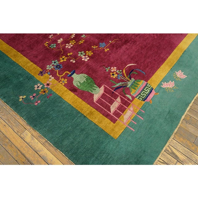 1920s Pink Floral Antique Antique Chinese Rug by Nichols Workshop 8' 9"x 11' 4" Handknotted Wool Carpet For Sale In New York - Image 6 of 6
