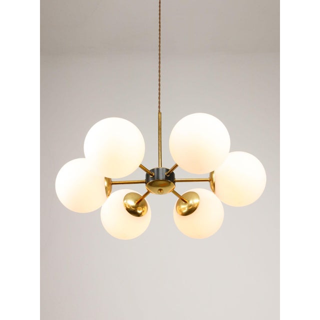 Vintage Italian Six-Arm Sputnik Chandelier with Opaline Shades For Sale - Image 18 of 18