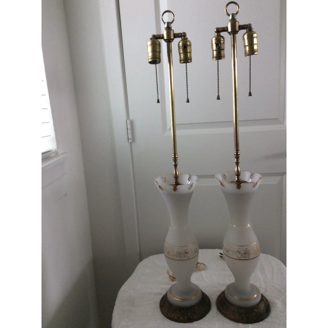 Antique Opaline and Gold Trim Table Lamps - a Pair For Sale - Image 4 of 10
