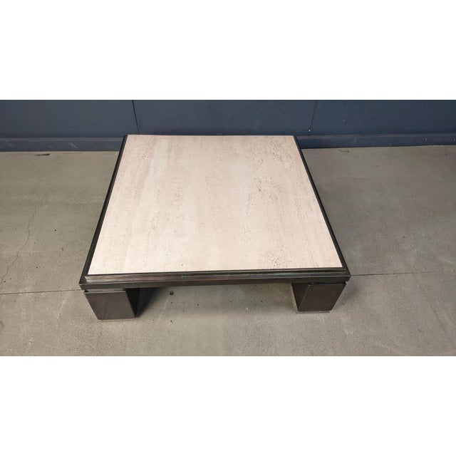 Vintage travertine top and copper base coffee table manufactured by Belgochrom in the 1970s. Beautiful natural travertine...