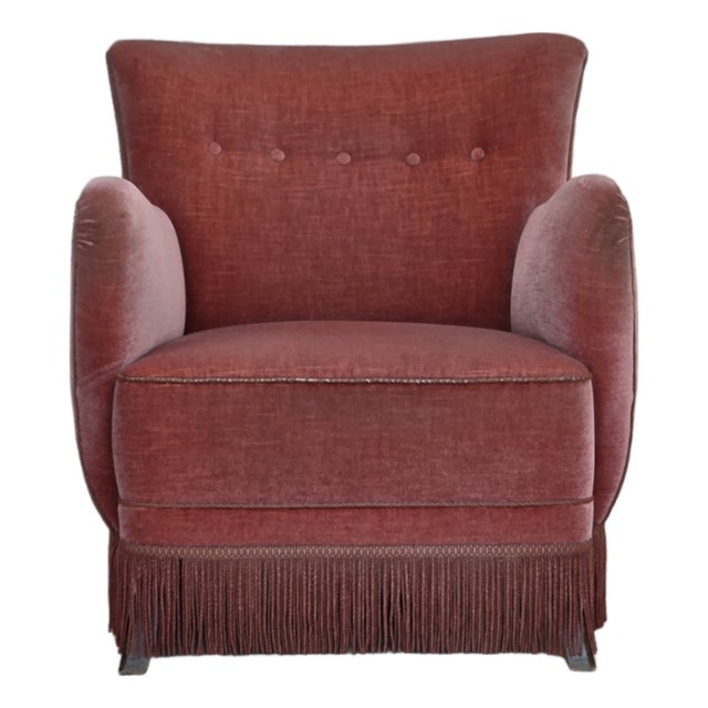 Danish Armchair in Pink Velour and Oak, 1960s For Sale
