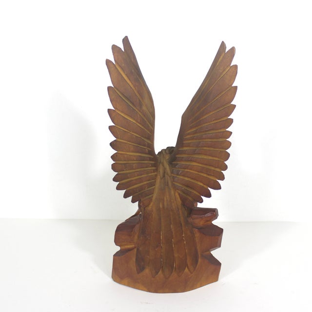 American Vintage Carved Wood Eagle Bird Figurine, Man Cave Decor, Hawk Carving, Eagle Small Handmade Wooden Base Bird Sculpture , Collector For Sale - Image 3 of 10