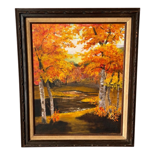 Vintage Autumn Birch Trees & Winding Creek Landscape Painting in Dark Wood Frame For Sale