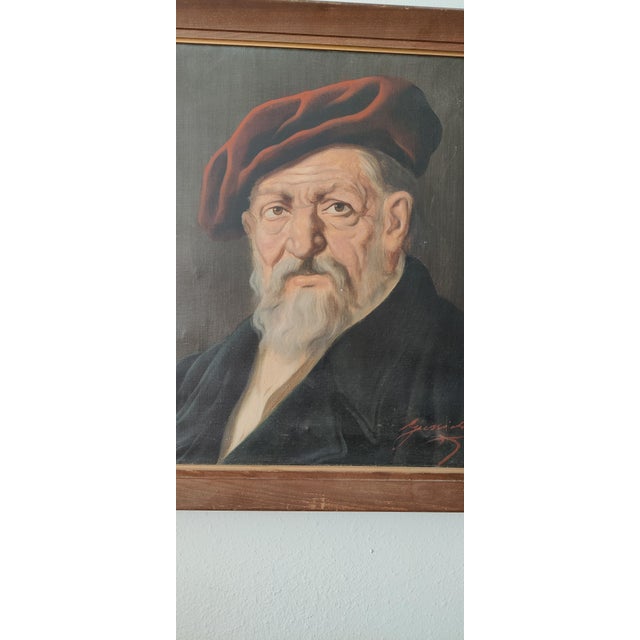Realism Jeno Gussich Signed Oil Portrait ~ Man in a Red Beret, Circa Mid-20th Century For Sale - Image 3 of 12