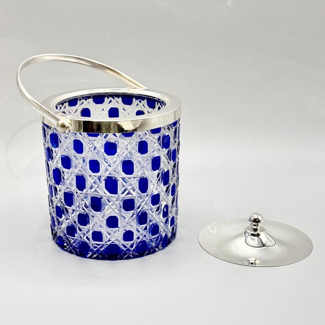 Blue Mid-Century Modern Cobalt Blue Overlay Cut Crystal Biscuit Barrel with Silver-Plated Mount, 1950s For Sale - Image 8 of 18